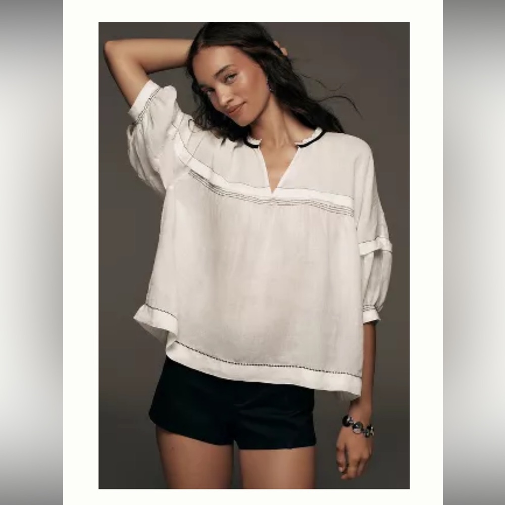 MAEVE BALLOON-SLEEVE V-NECK STITCHED BLOUSE. NWT. Size Small